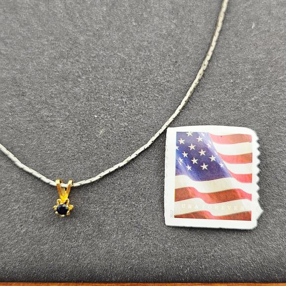 Two Tone Silver & Gold Tone Necklace Dark Blue Crystal Stone Charm Small Simple - Picture 4 of 5